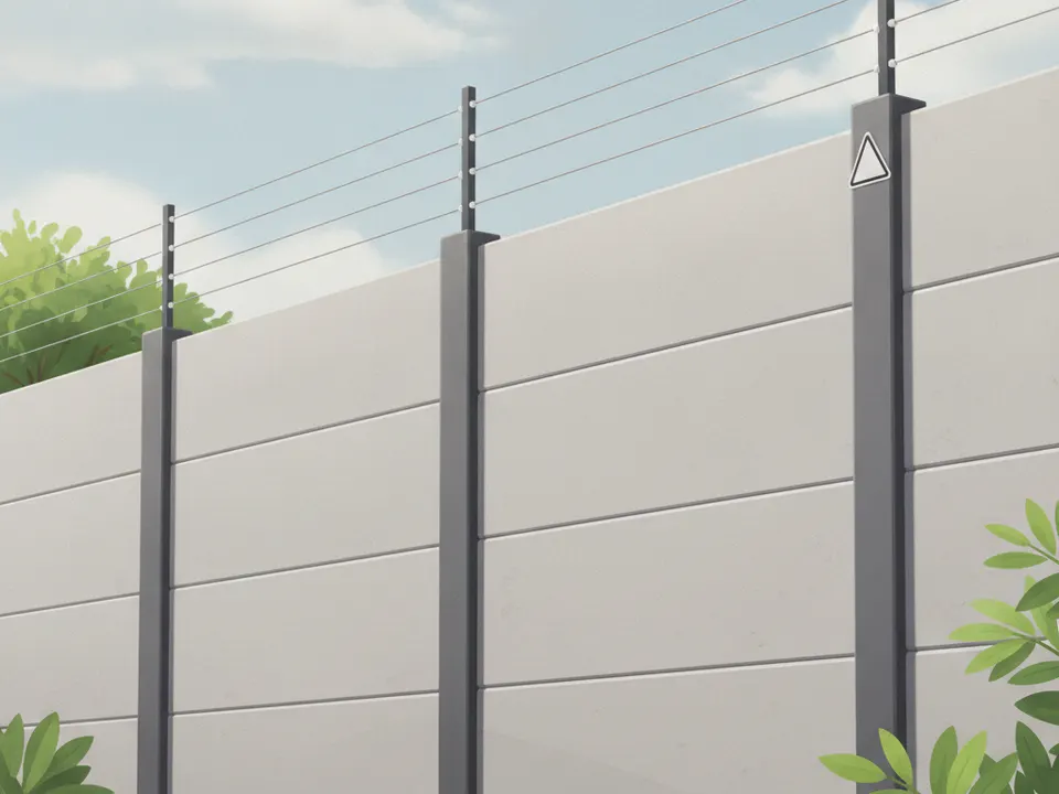 Ilustración de hilos de cerca eléctrica sobre aisladores en la parte alta de una tapia prefabricada