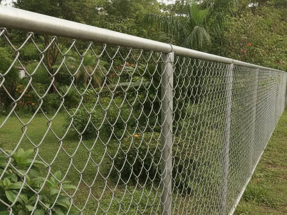 Ilustración de una cerca de malla ciclón galvanizada con postes de tubo alrededor de un lote verde