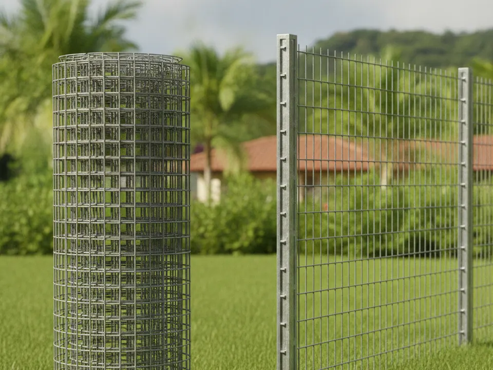 Ilustración de un rollo de malla electrosoldada galvanizada junto a un tramo ya instalado en postes