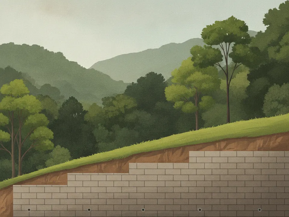 Ilustración de un muro de contención de block que sostiene un talud verde en un lote con pendiente