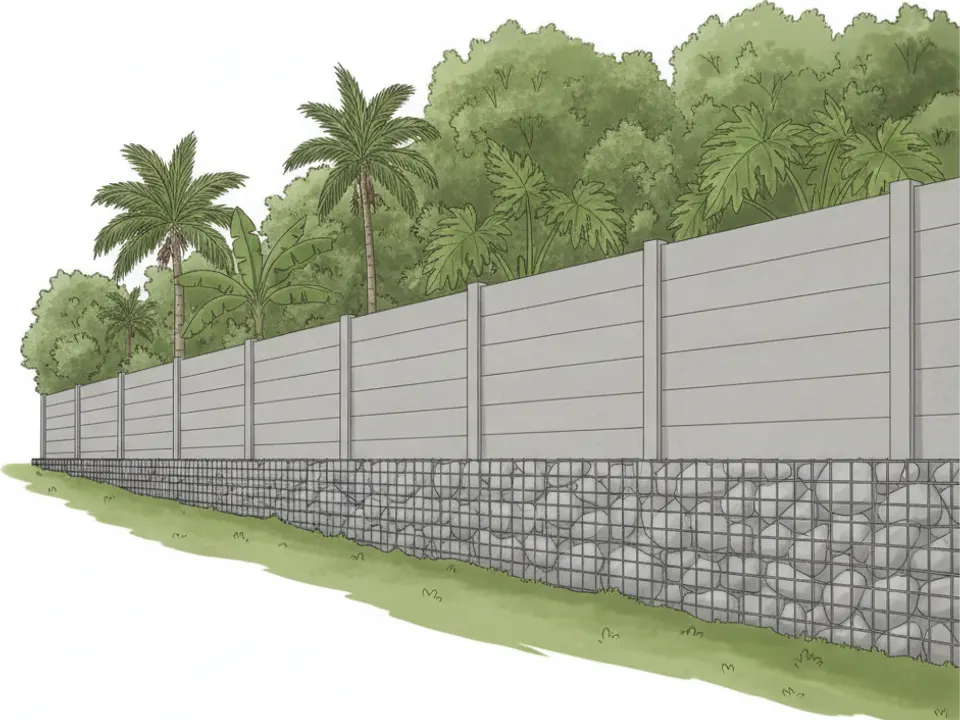 Ilustración de un muro de gaviones de piedra con una tapia prefabricada de columnas y baldosas encima