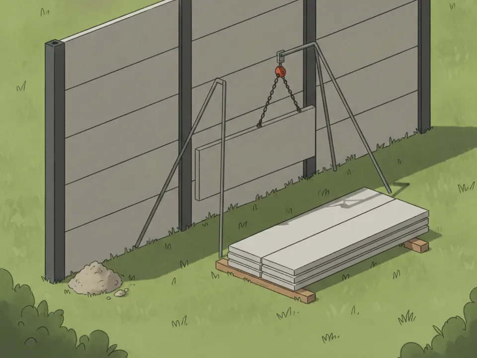 Ilustración de una tapia prefabricada en construcción junto a un plano catastrado y una hoja de trámite municipal